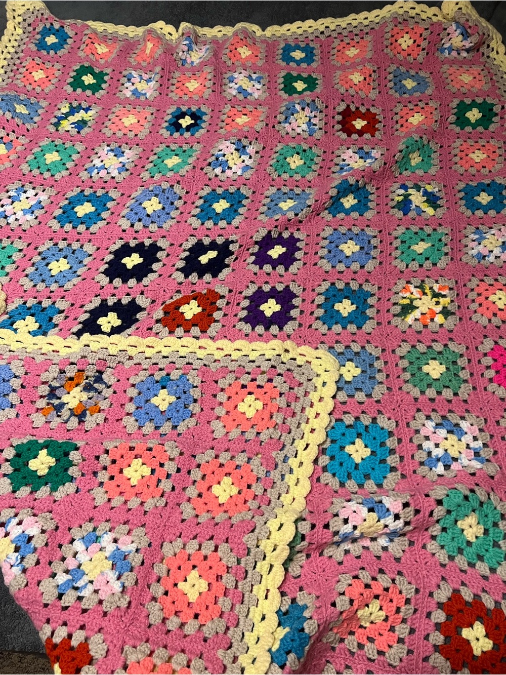 Handmade Pink Multicolor Granny Square Crochet Blanket
